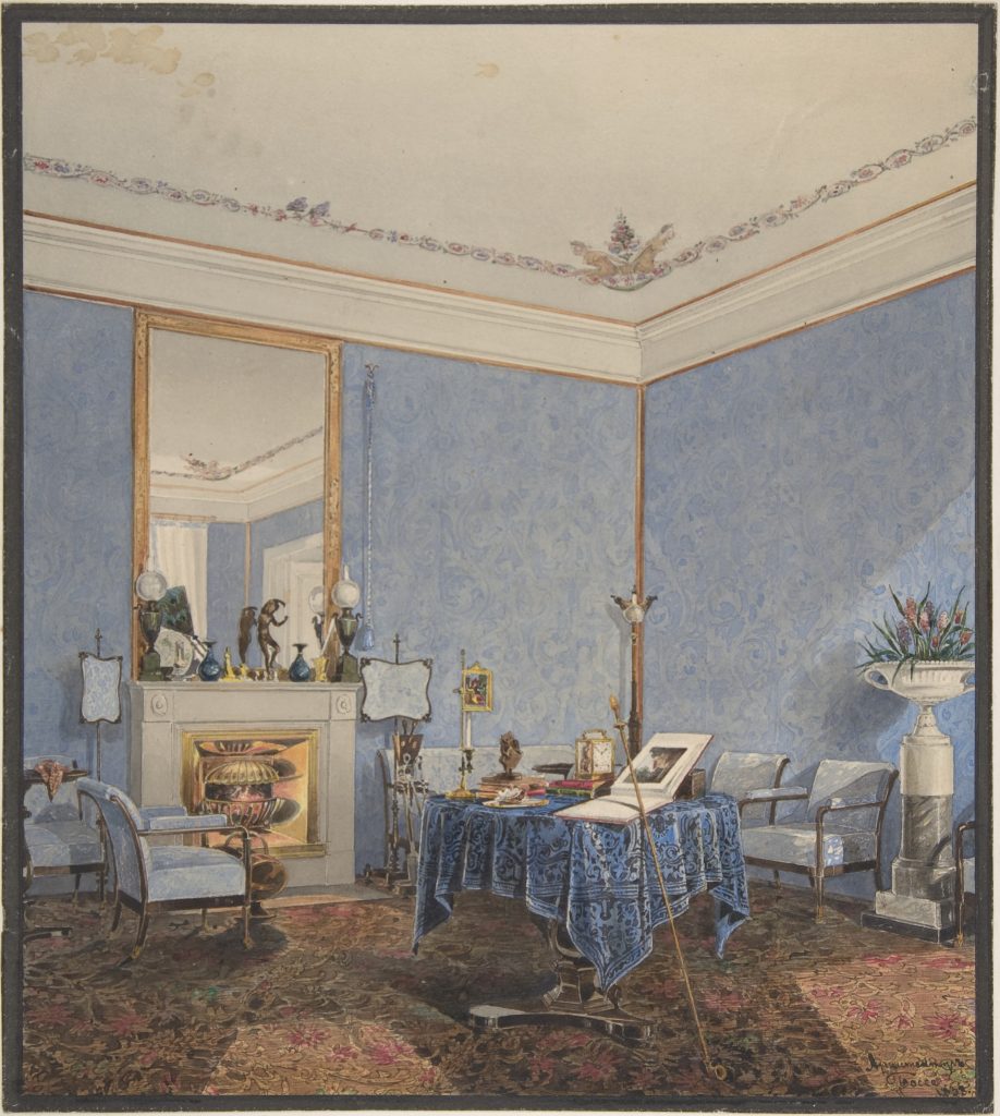 19th-century watercolour of a furnished drawing room, house contents valuation