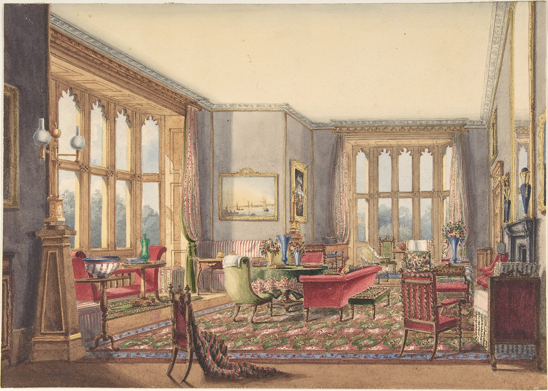 Watercolour of an English country house drawing room